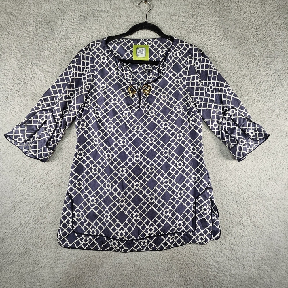 Elizabeth McKay Toggle Top‎ Size 2 Silk Old  Money Geometric Print Quiet Luxury